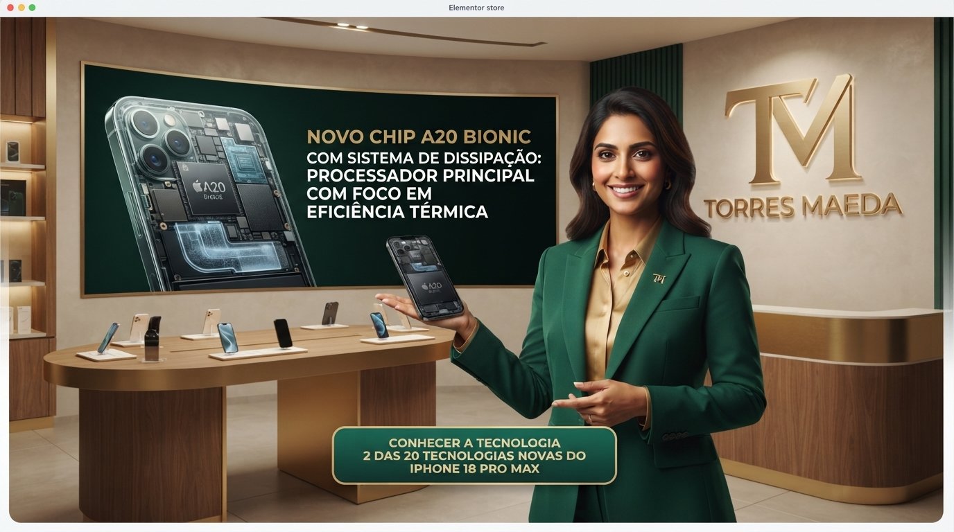 alt="iPhone 18 Pro Max na cor preta com acabamento de luxo no ecossistema Torres Maeda"
